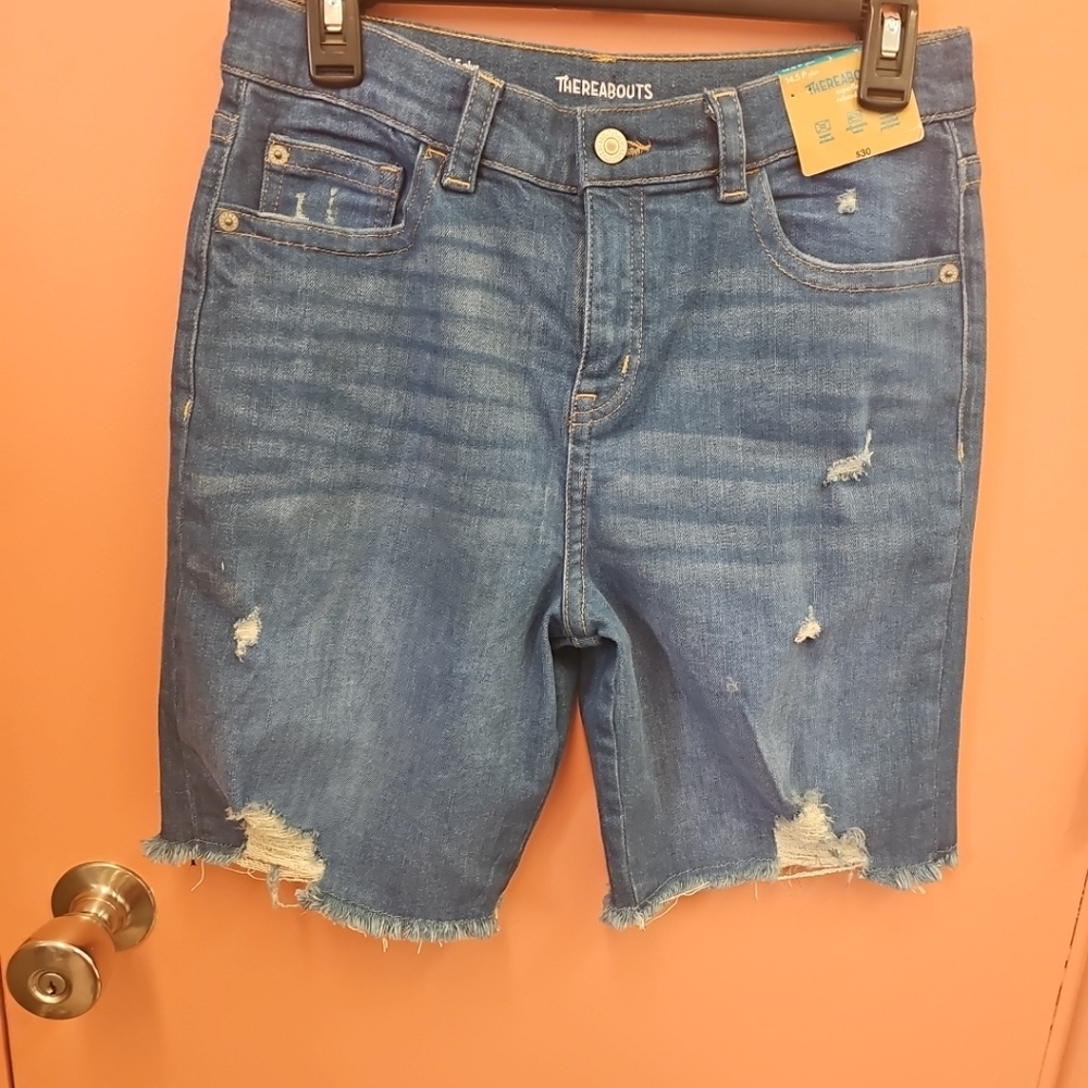 NWT Thereabouts Denim Jean Shorts Girls Sz 14.5 Plus Superflex Relaxed Fit Rips